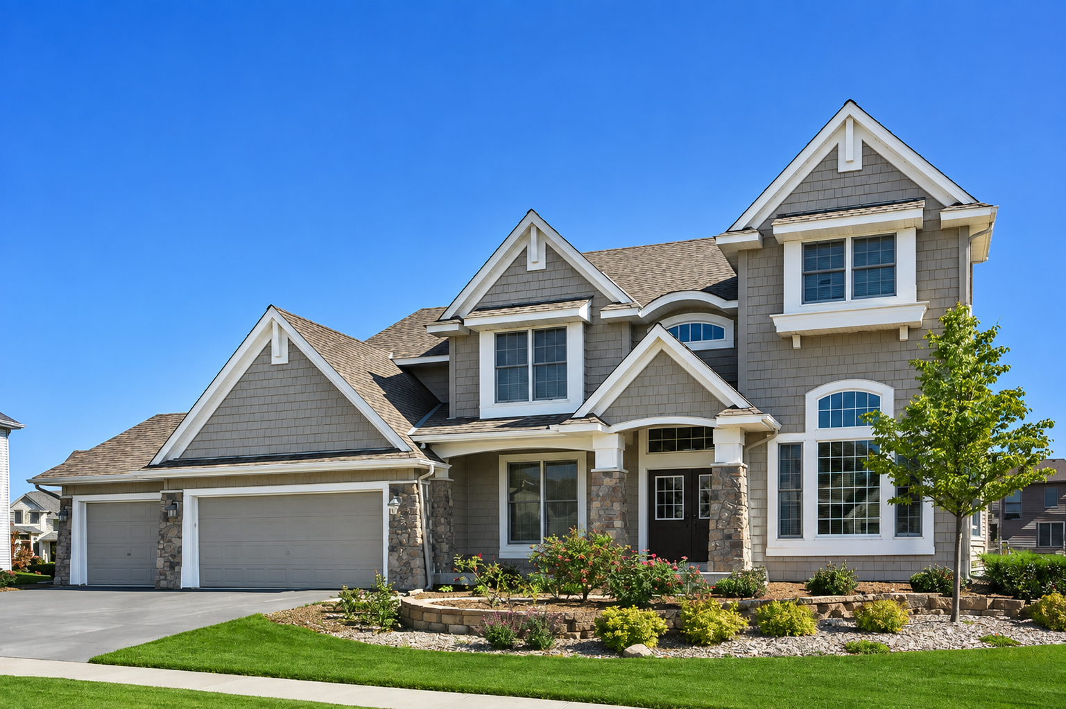 Custom two-story home with stone and siding detail built by Carstensen Construction