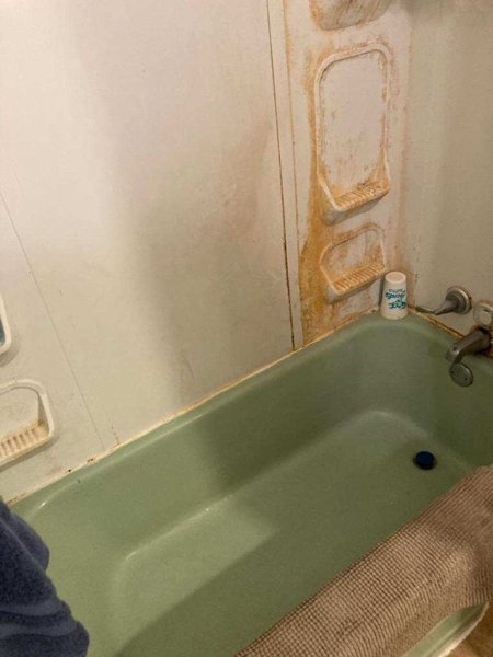 Old green bathtub and stained wall surround before the remodel